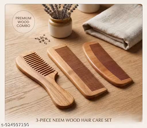 Comb – Handcrafted Neem Wood Comb Set (3 Pieces) - Scalp Massaging, Anti-Hair Fall & Healthy Hair Grooming Kit