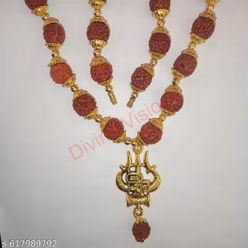 Mala – Divine Visions 108+1 Bead Rudraksha Mala Necklace with Gold Finish Shiva Trishul Locket