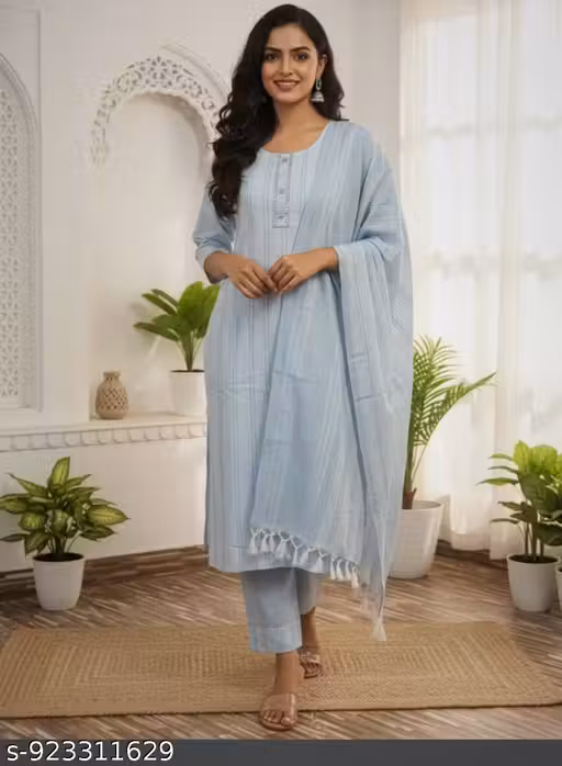 Women’s Light Blue Cotton Kurta Pant Dupatta Set | Elegant Ethnic Wear Suit for Casual & Festive Occasions