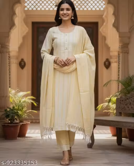 Women’s Cream Cotton Kurta Pant Dupatta Set | Elegant Ethnic Wear Suit for Casual & Festive Occasions