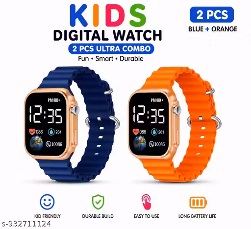 Kids Digital Watch Combo Pack of 2 | Orange & Black LED Display Wrist Watch | Durable & Lightweight Watch for Boys & Girls