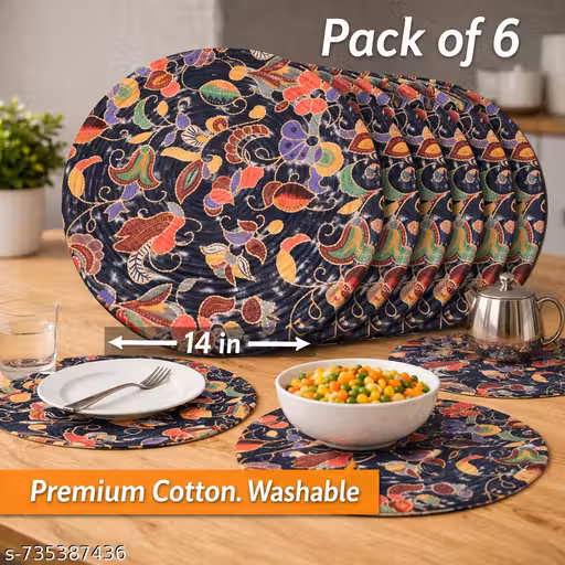 Mittory Cotton Round Dining Table Mats Set of 6 | Floral Handmade Place Mats | Hot Pot Mat & Table Decor Accessories