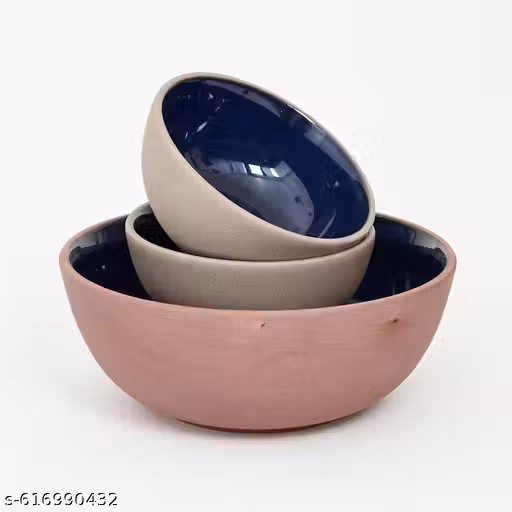 Mittory Ceramic Bowl Set of 3 | Designer Dual Tone Dinnerware Set | Reddish-Brown & Sandy-Beige Serving Bowl with Katori | Kitchen Combo Set