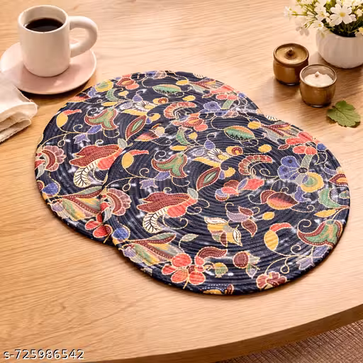 Mittory 14 Inch Floral Printed Cotton Dining Table Mat Round Set of 2 | Heat Resistant Round Placemat for Kitchen & Dining