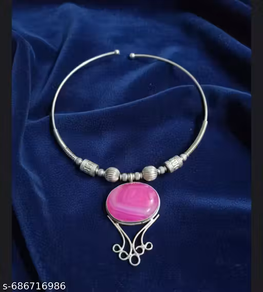 Oxidized German Silver Pink Agate Stone Hasli Choker Necklace for Women | Traditional Ethnic Tribal Statement Jewelry | Adjustable Silver-Plated Meenakari Work Pendant Neckpiece (Pack of 1)