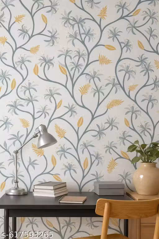 Floral Vine Wallpaper Modern Botanical Pattern in Grey Blue & Mustard