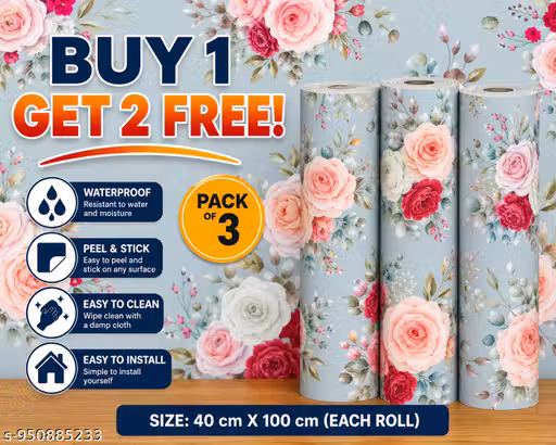 V S WELFARE SOLUTION | Vinyl Floral Art Peel & Stick Wallpaper – Self-Adhesive Blue Rose Wall Decor for Living Room & Bedroom Size- 40X100 CM