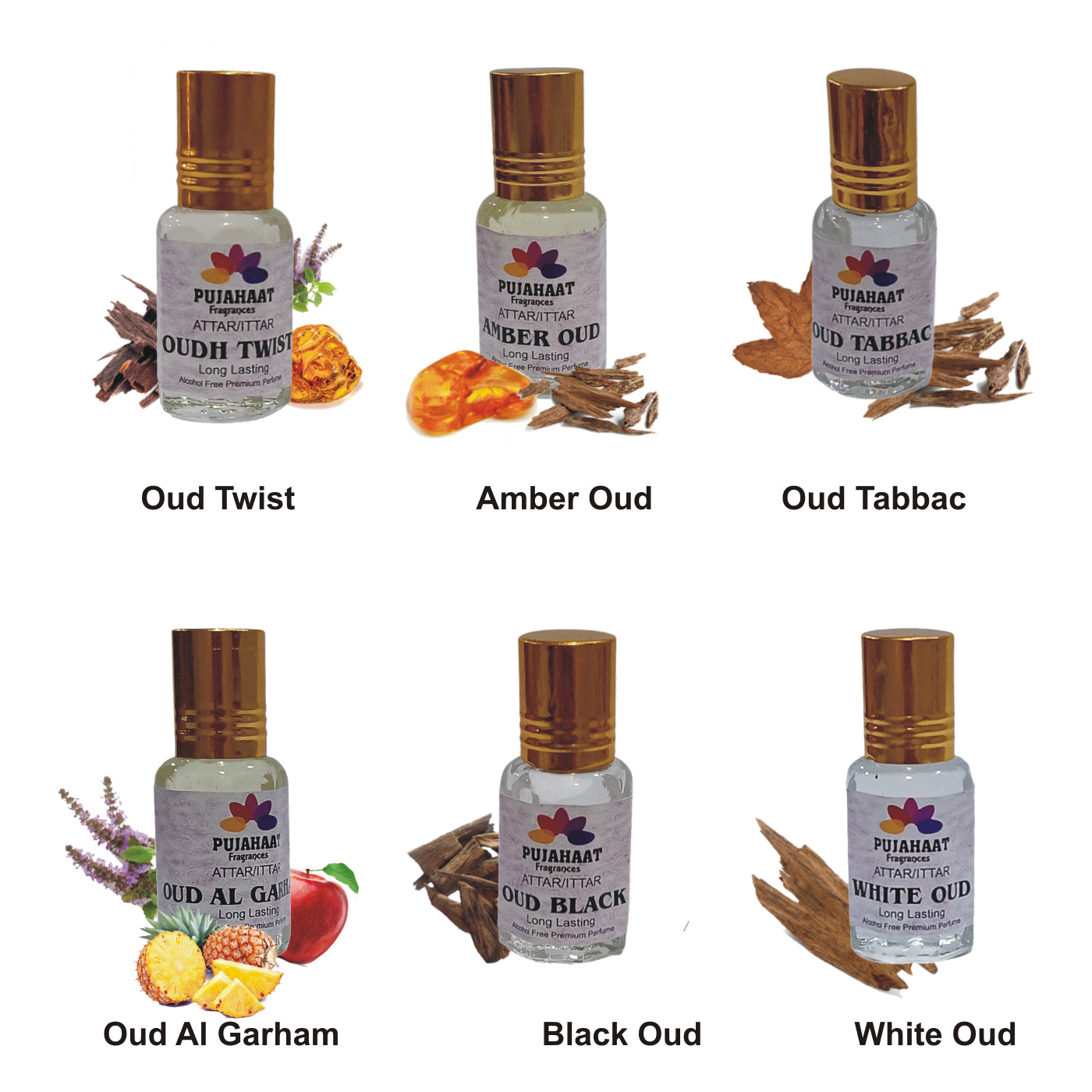 Pack Of 6 Oudh Attar Combo Ittar Perfume Oud Twist, Black Oud, Amber Oud, Oud Tobbaco, White Oud, Oud al Grham (In Roll on Bottle) 18 ml (6 x 3ml) Combo-8