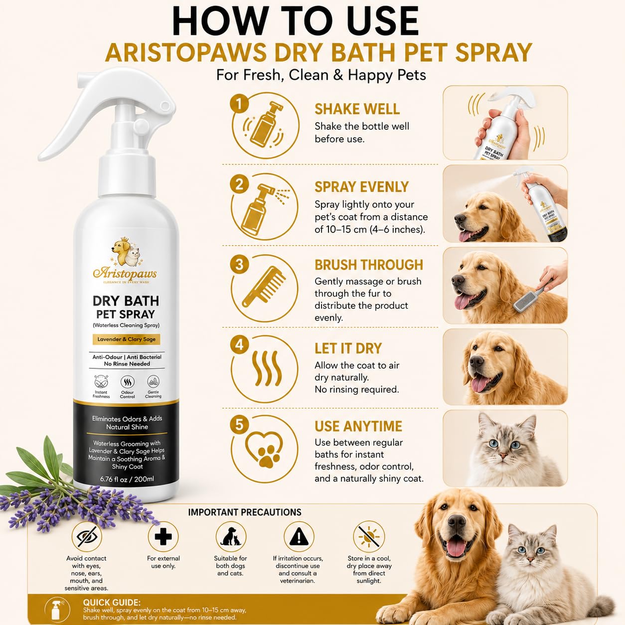 Dry Shampoo for Dogs & Cats | Waterless Dog Shampoo Spray with Lavender | Dry Bath for Cats | Fresh & Clean for Pets | Wash Grooming Spray (200 ml)