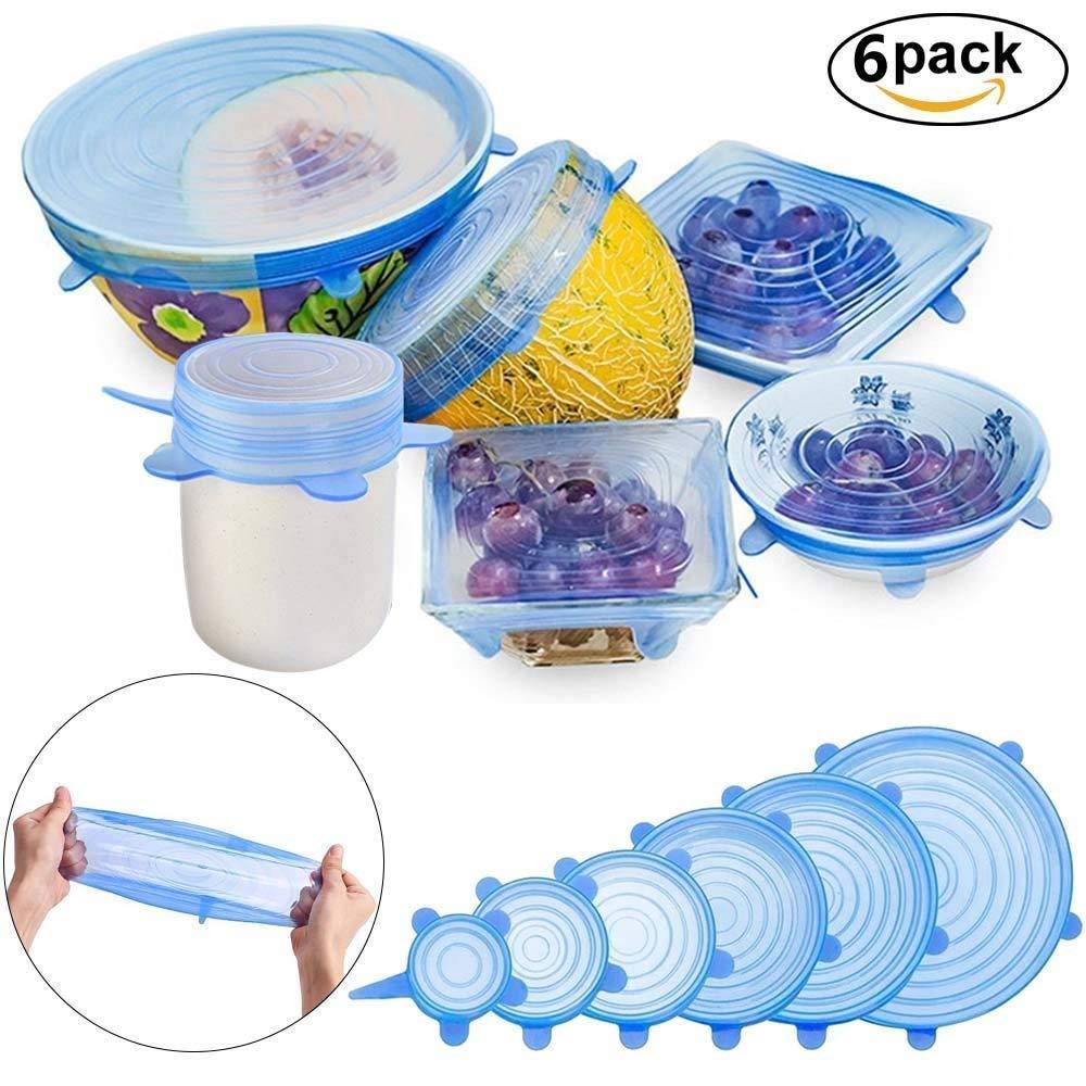 Silicone Stretch Lids 6 pcs Flexible Covers for Rectangle Round Square - Bowls Dishes Plates Cans Jars Glassware and Mugs Cover