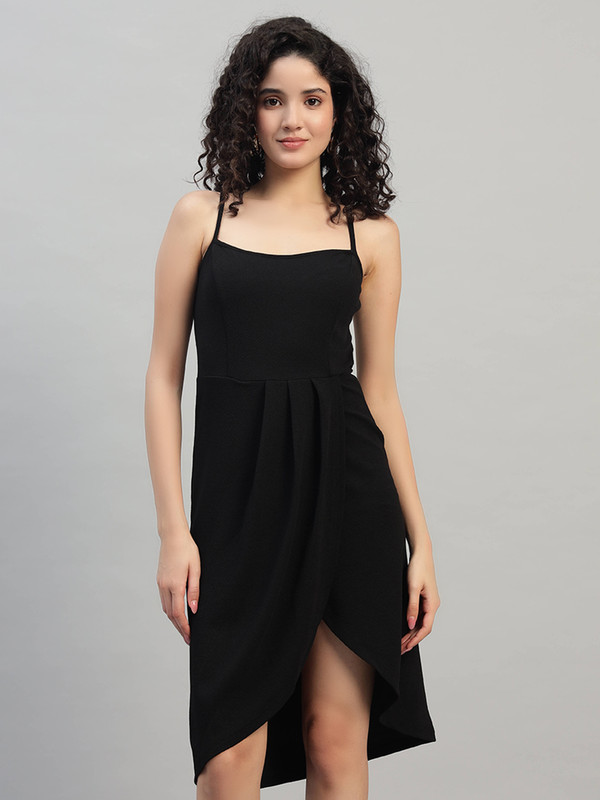 DNA crafted with love Elegant Black Sleeveless Dress, High-Low Hem, Square Neck, Spaghetti Straps, Cocktail Party Wear