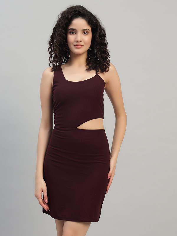 DNA crafted with love Maroon Women Round Neck Sleeveless Bodycon Cut Out Waist Mini Dress for Women's & Girls