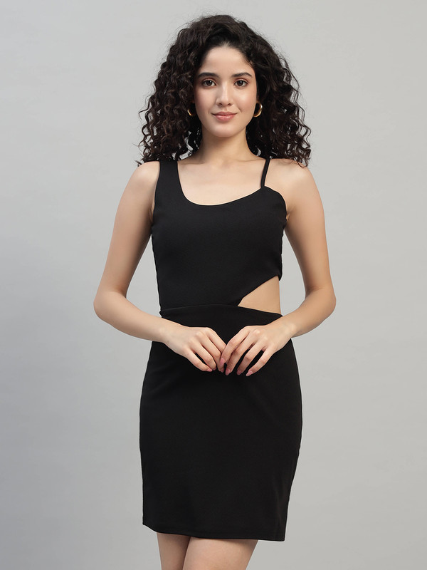 DNA crafted with love Black Women Round Neck Sleeveless Bodycon Cut Out Waist Mini Dress for Women's & Girls