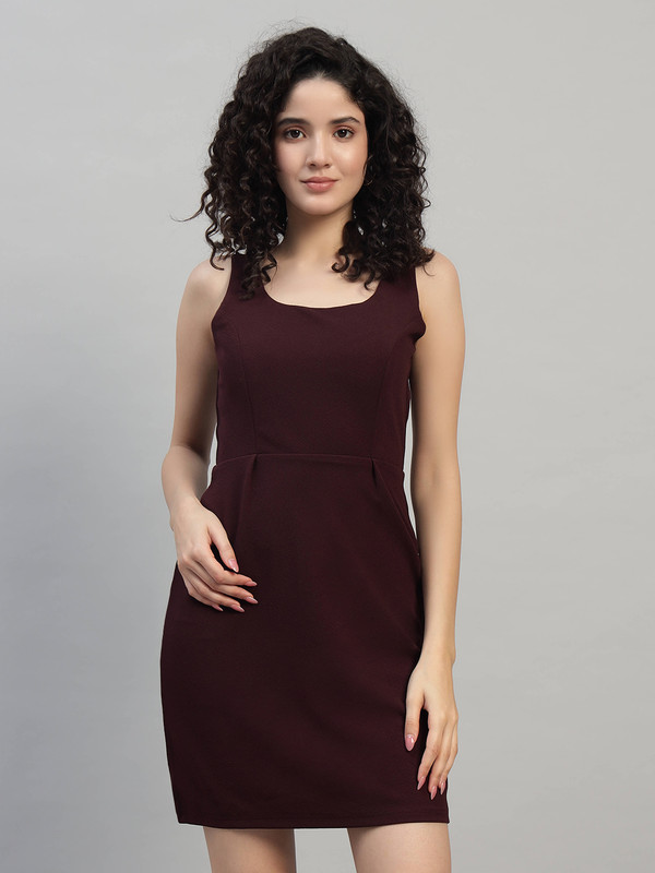 DNA crafted with love Maroon Women Round Neck Sleeveless Bodycon Lycra Blend Solid Mini Women Dress | Western Dress | Latest Women Dress