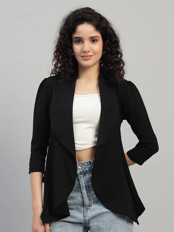 DNA crafted with love Black Cotton Blend Women's Single Breasted Relaxed Fit Shawl Collar 3/4 Sleeve Blazer