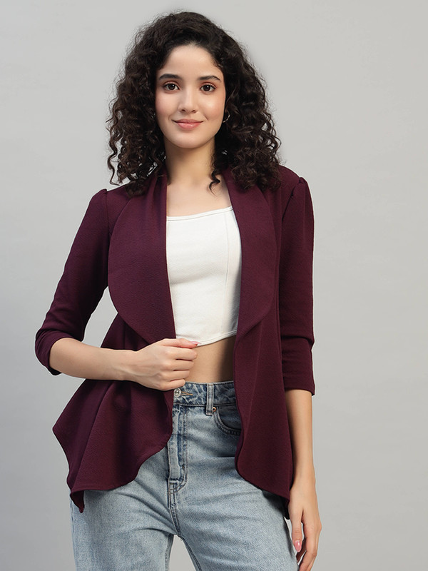 DNA crafted with love Maroon Cotton Blend Women's Single Breasted Relaxed Fit Shawl Collar 3/4 Sleeve Blazer