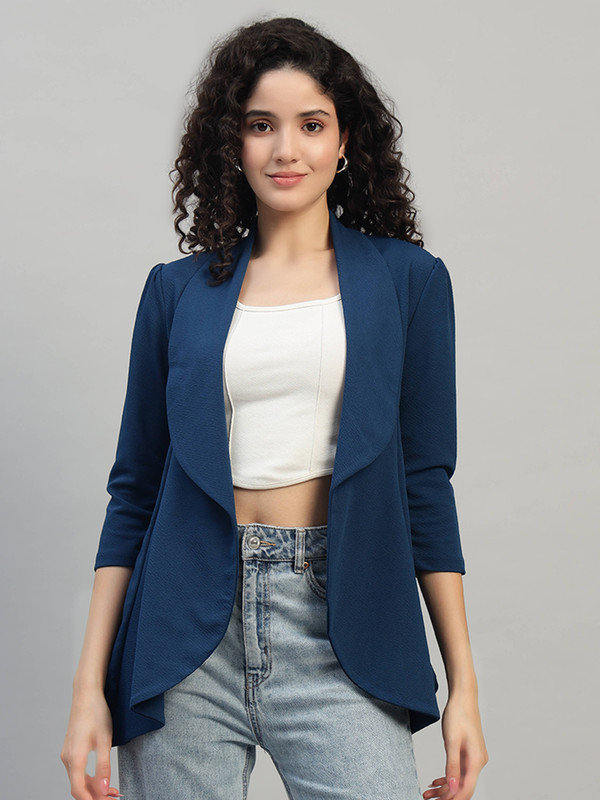 DNA crafted with love Navy Blue Cotton Blend Women's Single Breasted Relaxed Fit Shawl Collar 3/4 Sleeve Blazer