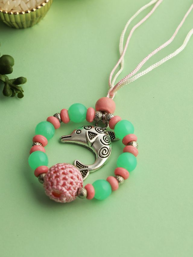 Whale Designed Green & Pink Bead Work Rakhi (Rakhi is included with Roli Chawal & Greetings Card)