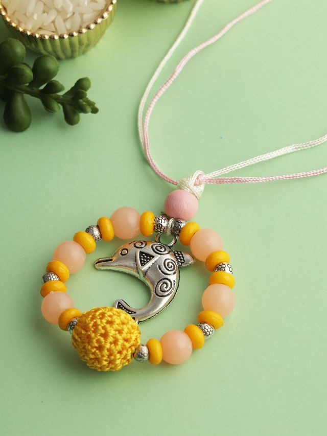 Whale Designed Yellow & Cream Bead Work Rakhi (Rakhi is included with Roli Chawal & Greetings Card)