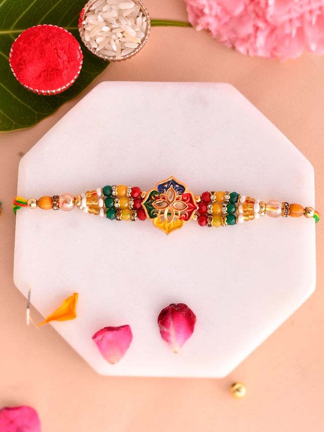 Multi Coloured Enameled & Engraved Artisan Rakhi (Rakhi is included with Roli Chawal & Greetings Card)