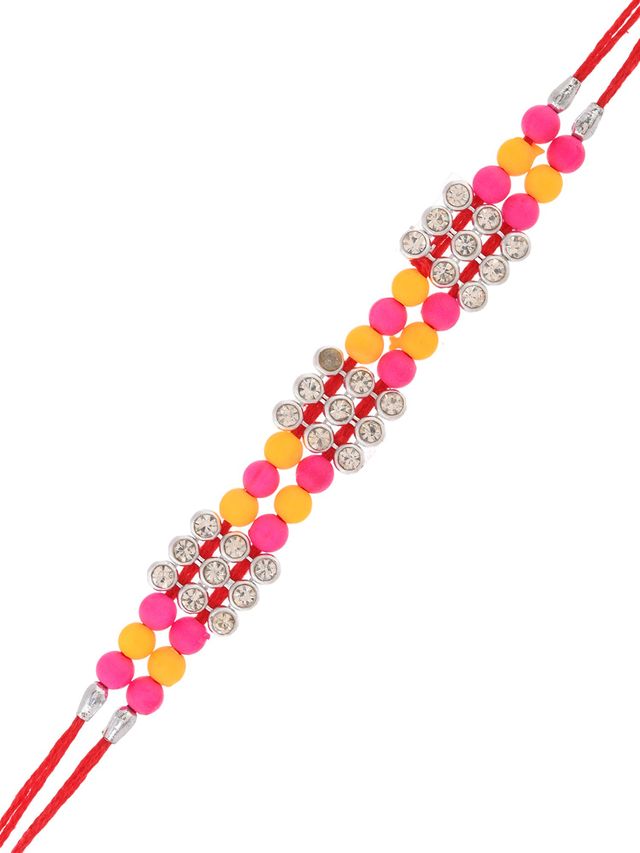 Pink & Yellow Multi Beaded Single Rakhi (Rakhi is included with Roli Chawal & Greetings Card)