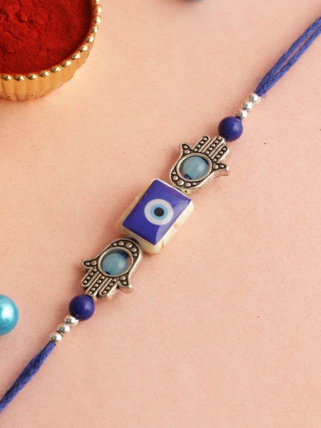 Hamsa Hand Evil Eye Rakhi (Rakhi is included with Roli Chawal & Greetings Card)