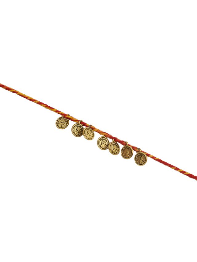 Queen Elizabeth Coined Red & Yellow Thread Rakhi (Rakhi is included with Roli Chawal & Greetings Card)