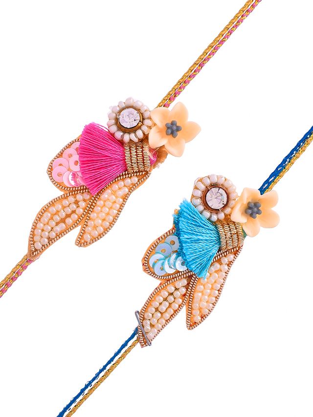 Set of 2 Thread & Beads Work Rakhi (Rakhi is included with Roli Chawal & Greetings Card)