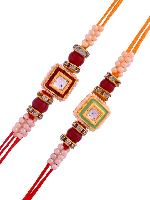 Gold-Toned Kundan Studded Set of 2 Rakhi (Rakhi is included with Roli Chawal & Greetings Card)