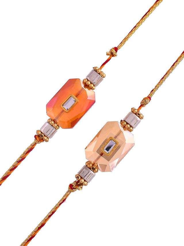 Gold-Toned Kundan Studded Set of 2 Rakhi (Rakhi is included with Roli Chawal & Greetings Card)