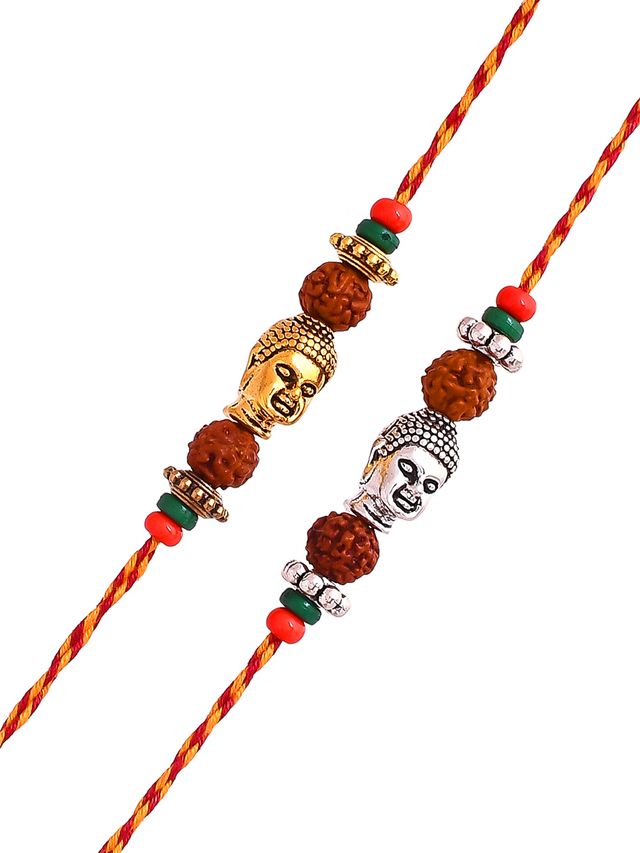 Elegant Rudraksh with Buddha Face Set of 2 Rakhi (Rakhi is included with Roli Chawal & Greetings Card)