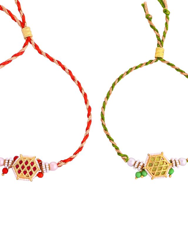 Set of 2 Rakhi with Simple Bead Work (Rakhi is included with Roli Chawal & Greetings Card)