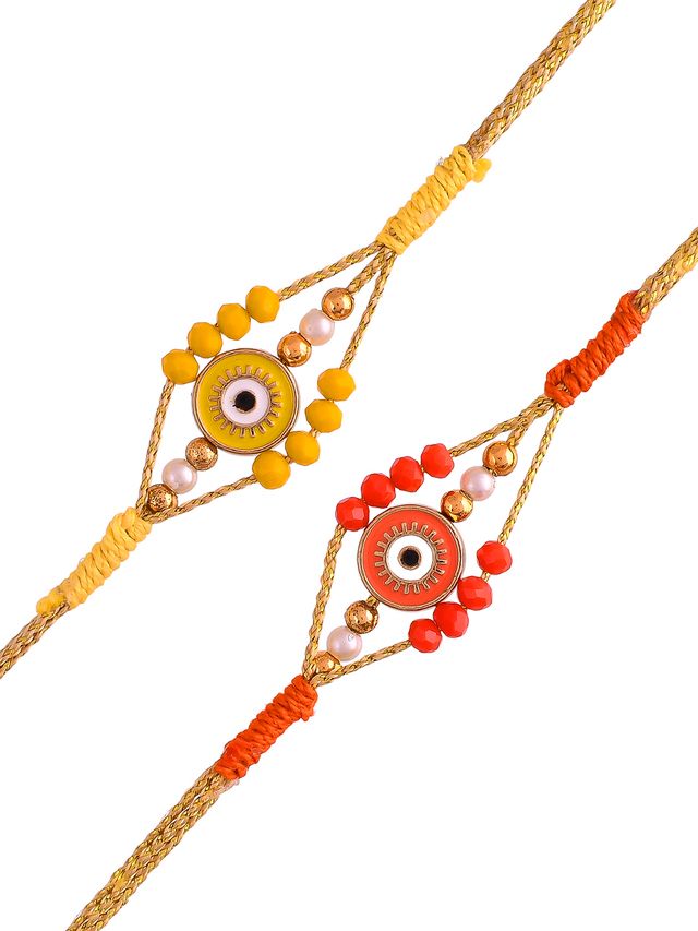 Set of 2 Orange & Yellow Evil Eye Rakhi (Rakhi is included with Roli Chawal & Greetings Card)