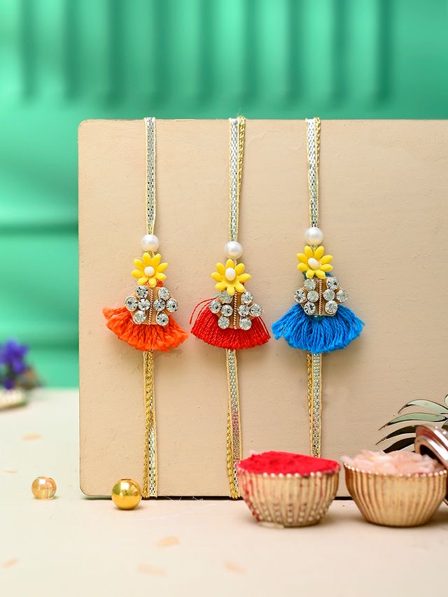 Floral Beads Thread & Stone Work Set of 3 Rakhi (Rakhi is included with Roli Chawal & Greetings Card)