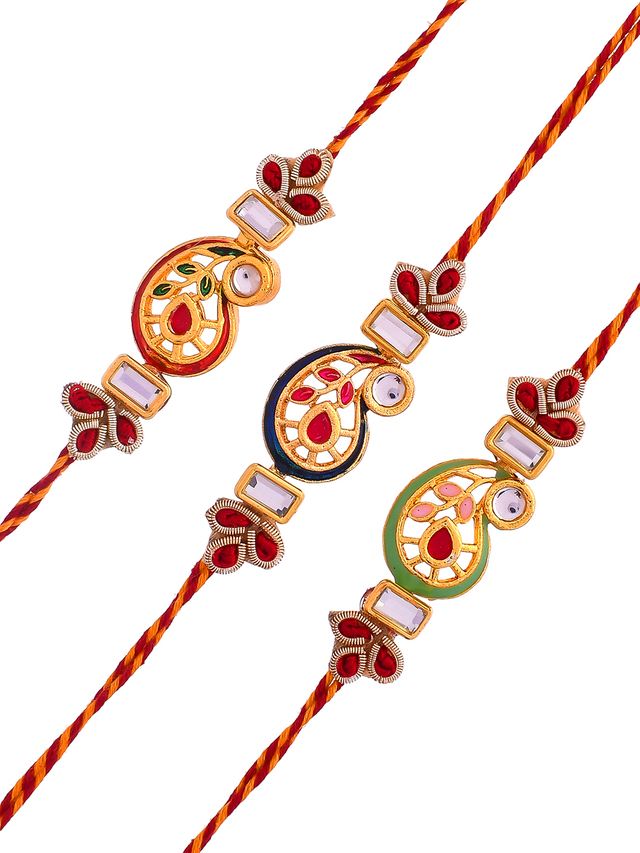 Aam Design Kundan Work Set of 3 Rakhi (Rakhi is included with Roli Chawal & Greetings Card)