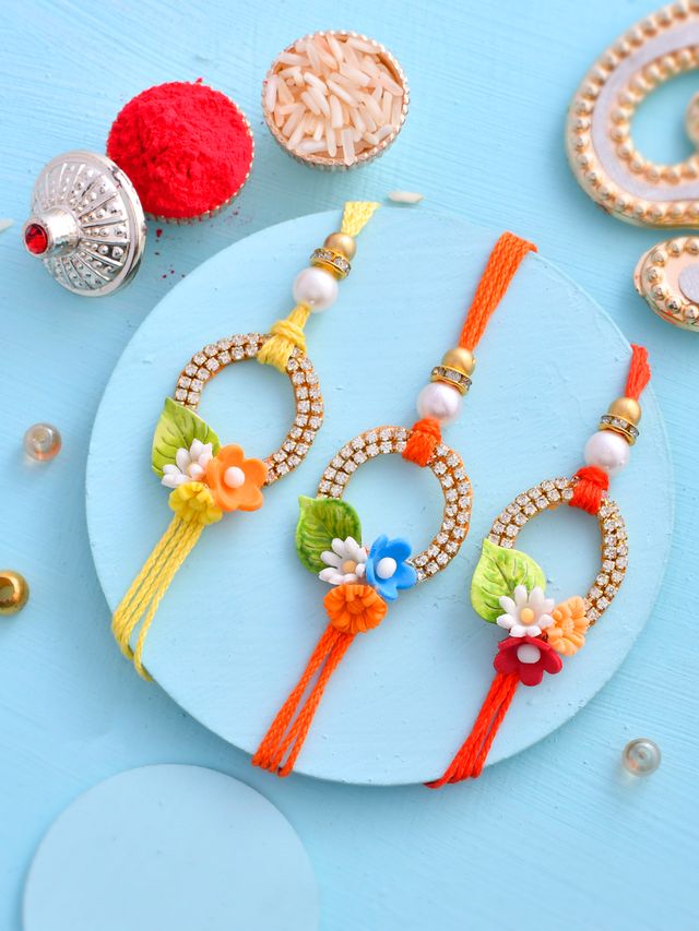 Floral Stone Work Set of 3 Rakhi (Rakhi is included with Roli Chawal & Greetings Card)