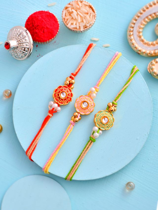 Stone Work Ring Design Set of 3 Rakhi (Rakhi is included with Roli Chawal & Greetings Card)