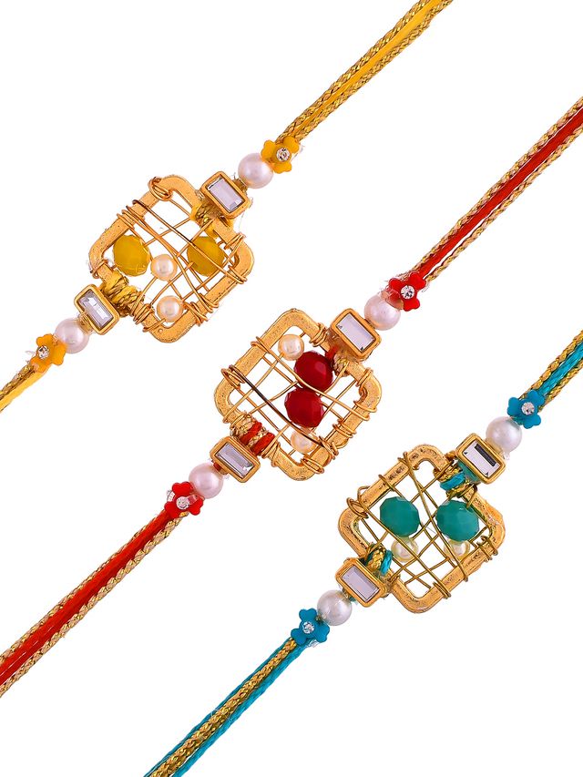 Enameled Swastik Bead Work Set of 3 Rakhi (Rakhi is included with Roli Chawal & Greetings Card)