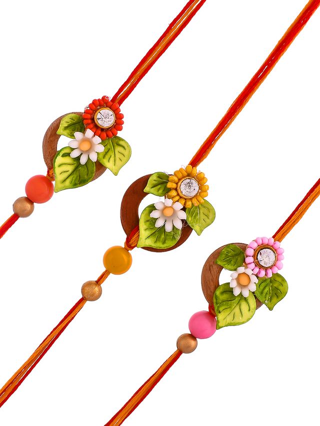 Square Designed Bead Work Set of 3 Rakhi (Rakhi is included with Roli Chawal & Greetings Card)