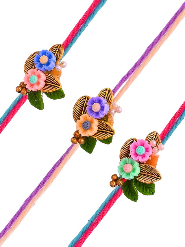 Floral Design Stone Work Set of 3 Rakhi (Rakhi is included with Roli Chawal & Greetings Card)