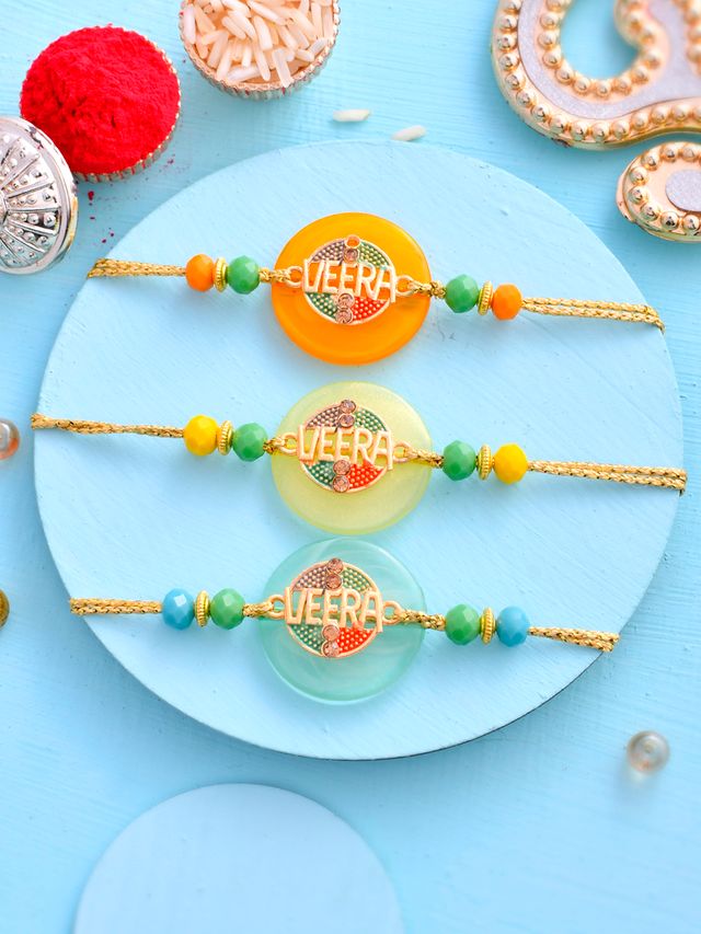 Multi Floral Set of 3 Rakhi (Rakhi is included with Roli Chawal & Greetings Card)