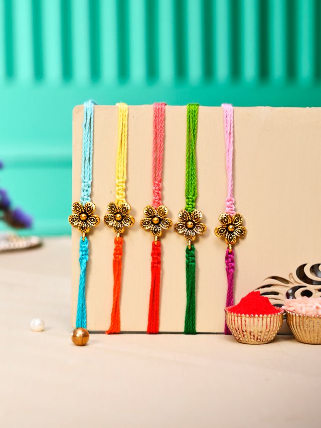 Multicolored Floral Set of 3 Rakhi (Rakhi is included with Roli Chawal & Greetings Card)