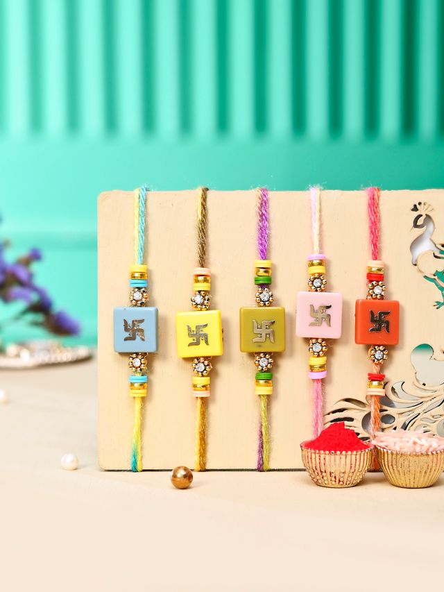 Multicolor Gold Floral Set of 5 Rakhi (Rakhi is included with Roli Chawal & Greetings Card)