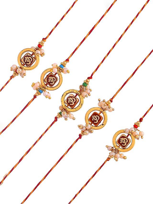 Multicolor Gold Swastik Set of 5 Rakhi (Rakhi is included with Roli Chawal & Greetings Card)