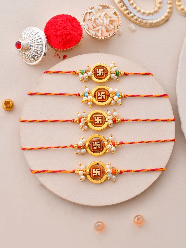 Gold Swastik Bead Work Set of 5 Rakhi (Rakhi is included with Roli Chawal & Greetings Card)