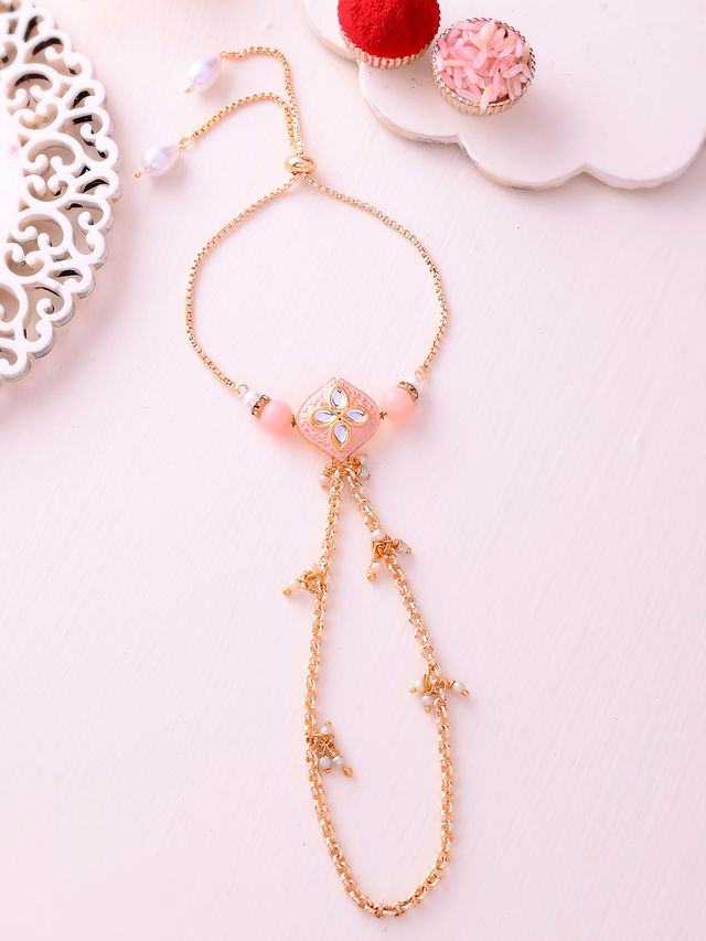 Beautifully Designed Peach Haathphool Rakhi (Rakhi is included with Roli Chawal & Greetings Card)