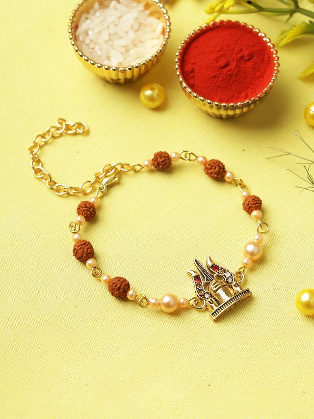 Shiva Trishul with Rudraksh Bracelet Rakhi (Rakhi is included with Roli Chawal & Greetings Card)