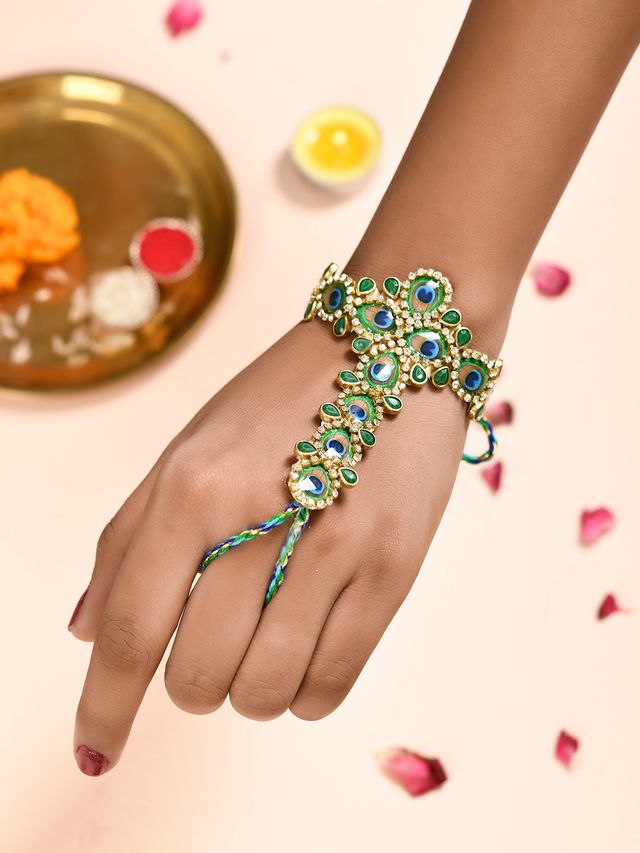 Peacock Designer with AD Stones Haathphool Rakhi (Rakhi is included with Roli Chawal & Greetings Card)