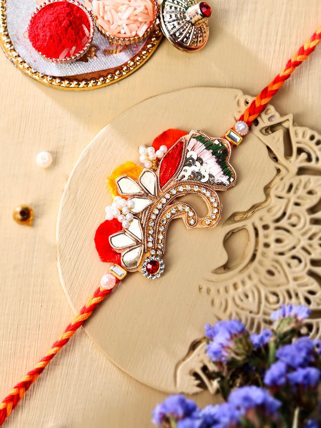 Beautiful Thread & Stone Work Rakhi (Rakhi is included with Roli Chawal & Greetings Card)