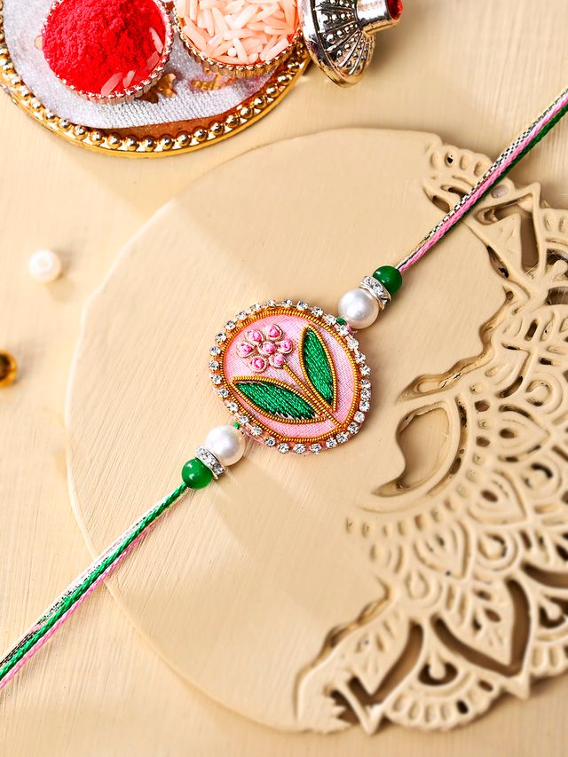 Pink & Green Thread Work Rakhi (Rakhi is included with Roli Chawal & Greetings Card)